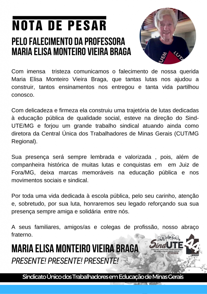 Nota De Pesar Pelo Falecimento Da Professora Maria Elisa Monteiro