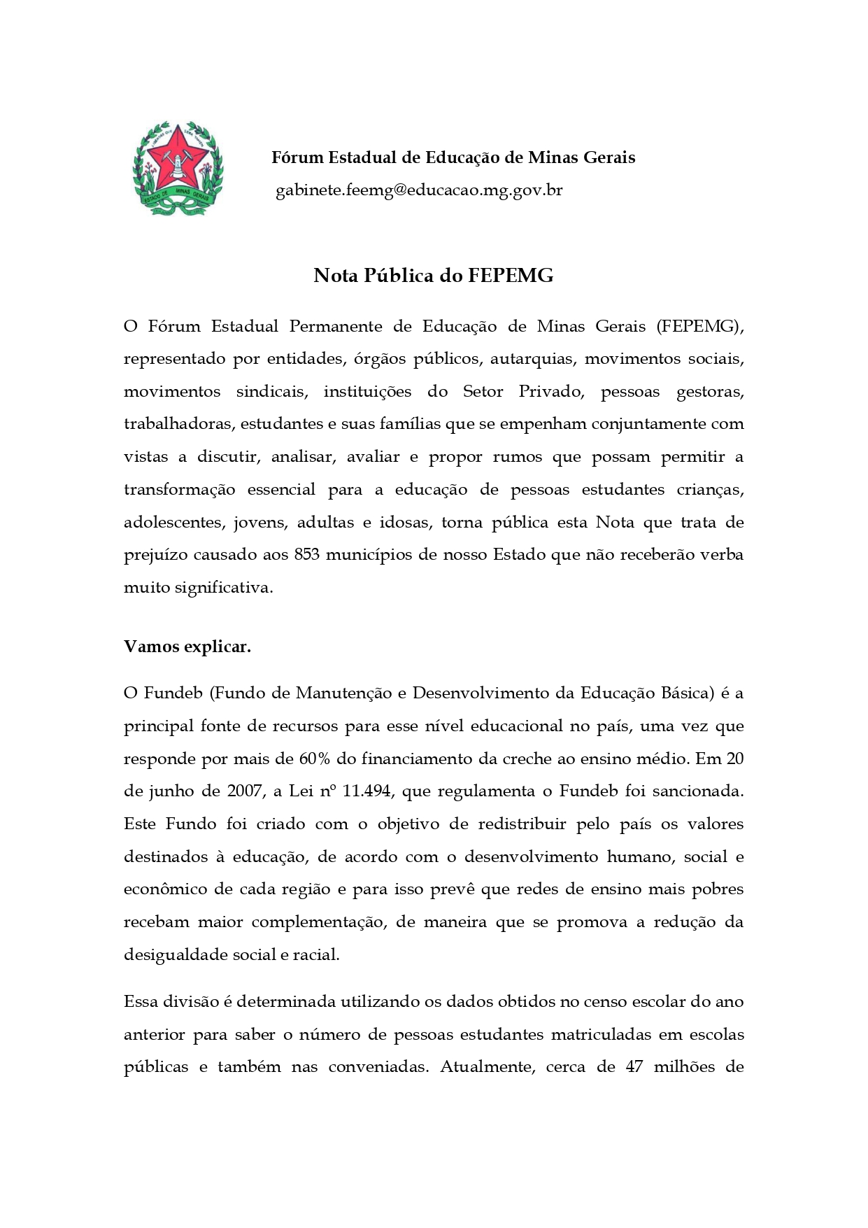 Sind-UTE/MG – Nota pública da Fepemg – ICMS educacional no âmbito